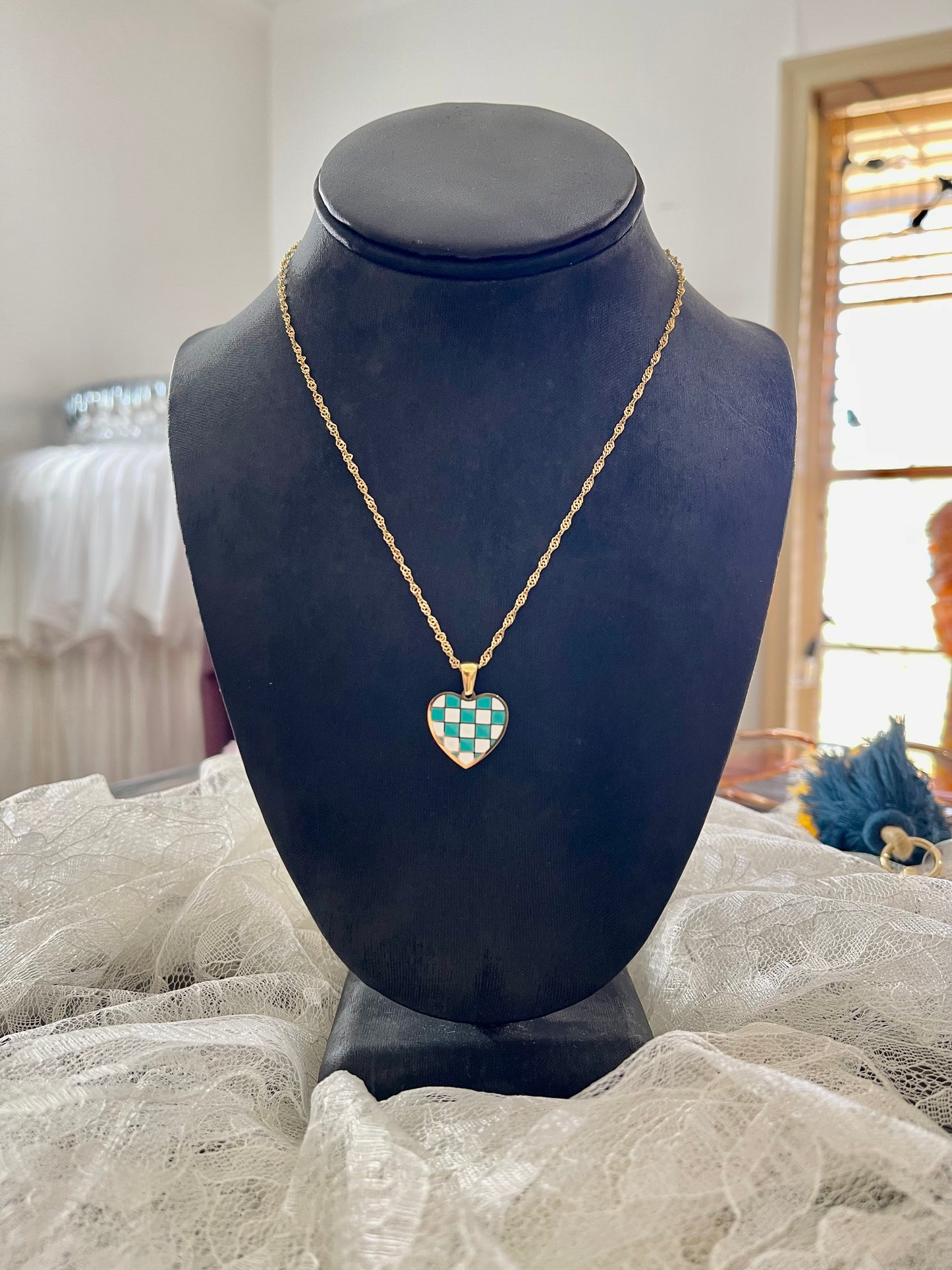 Turquoise Checkered Heart Necklace
