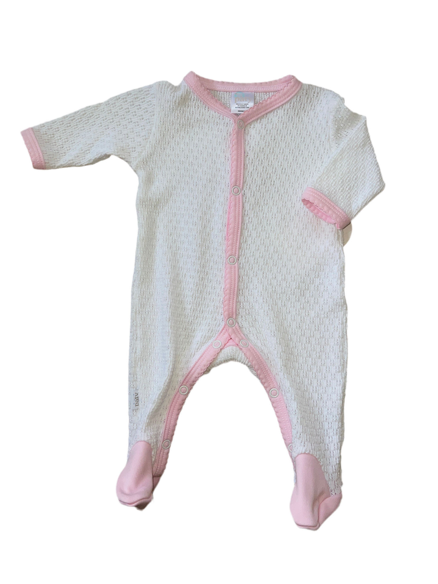 Paty White Knitted Footie Pajama With Pink Trim