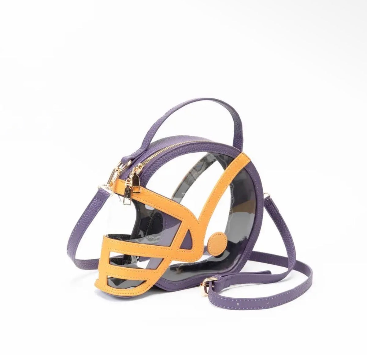 Transparent GameDay Football Helmet Shaped Crossbody Handbag-Purple & Mustard/Yellow