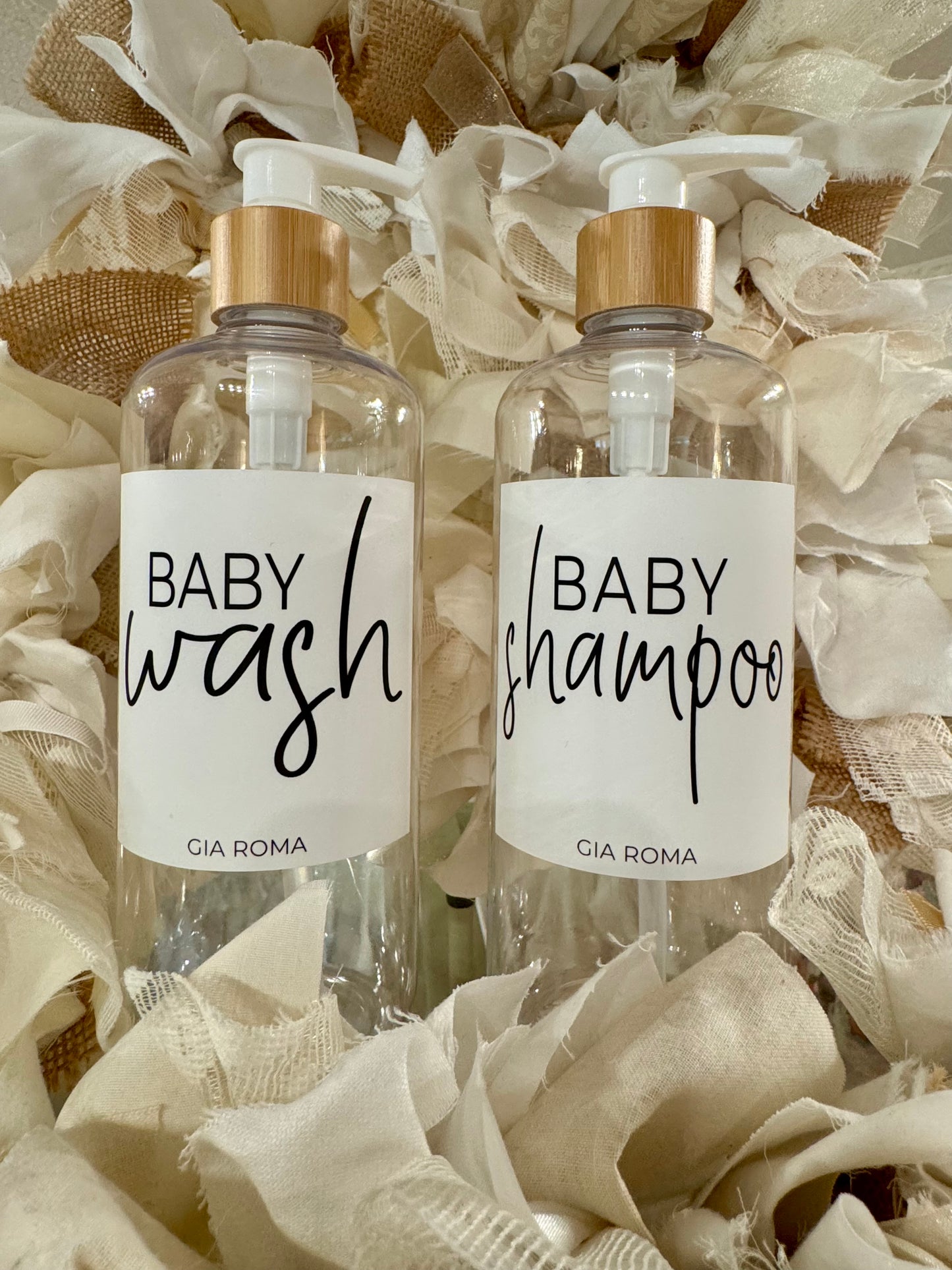 Gia Roma Wood & White Plastic Baby Soap Bottles