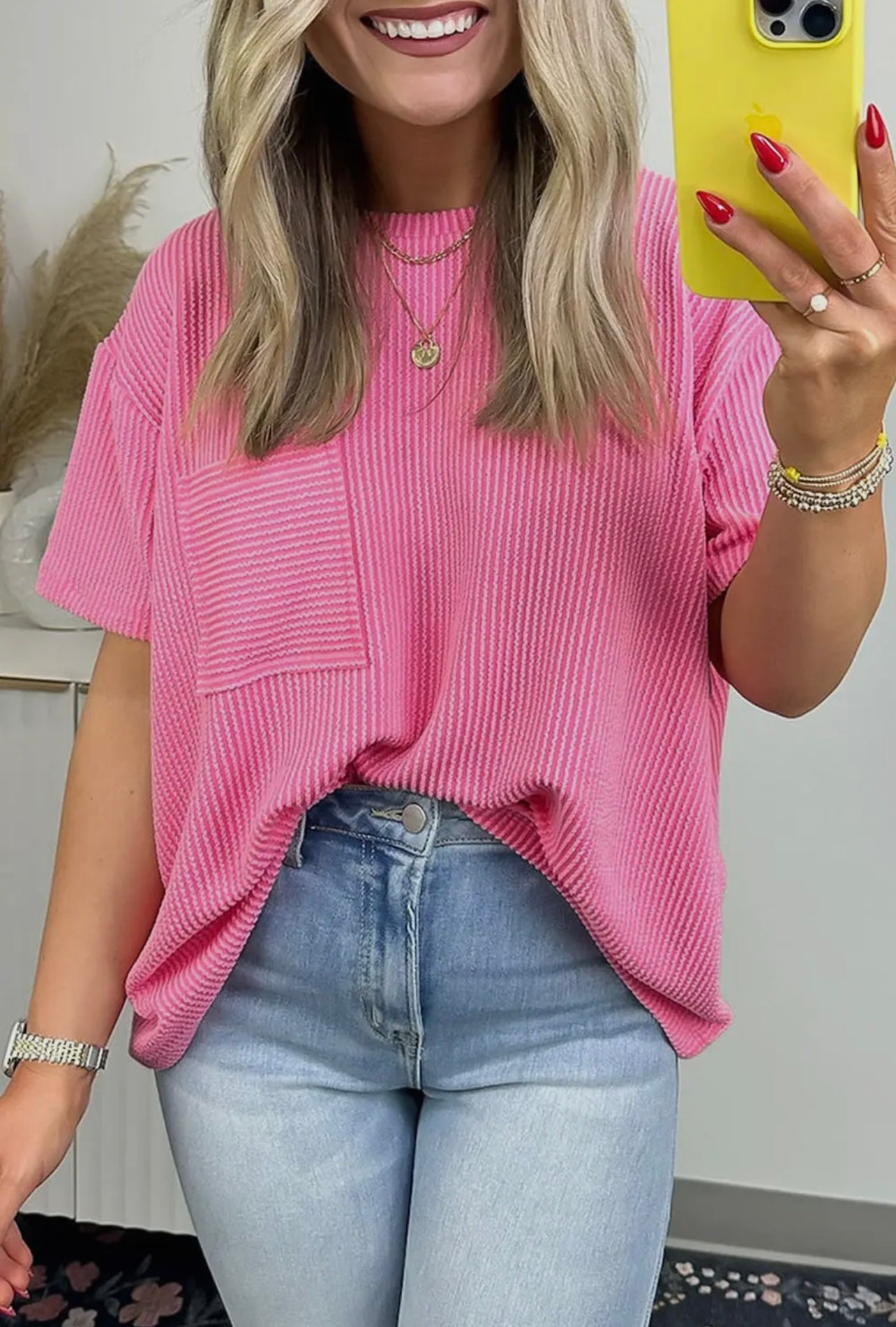Pink Corded Knit Pocketed T-Shirt