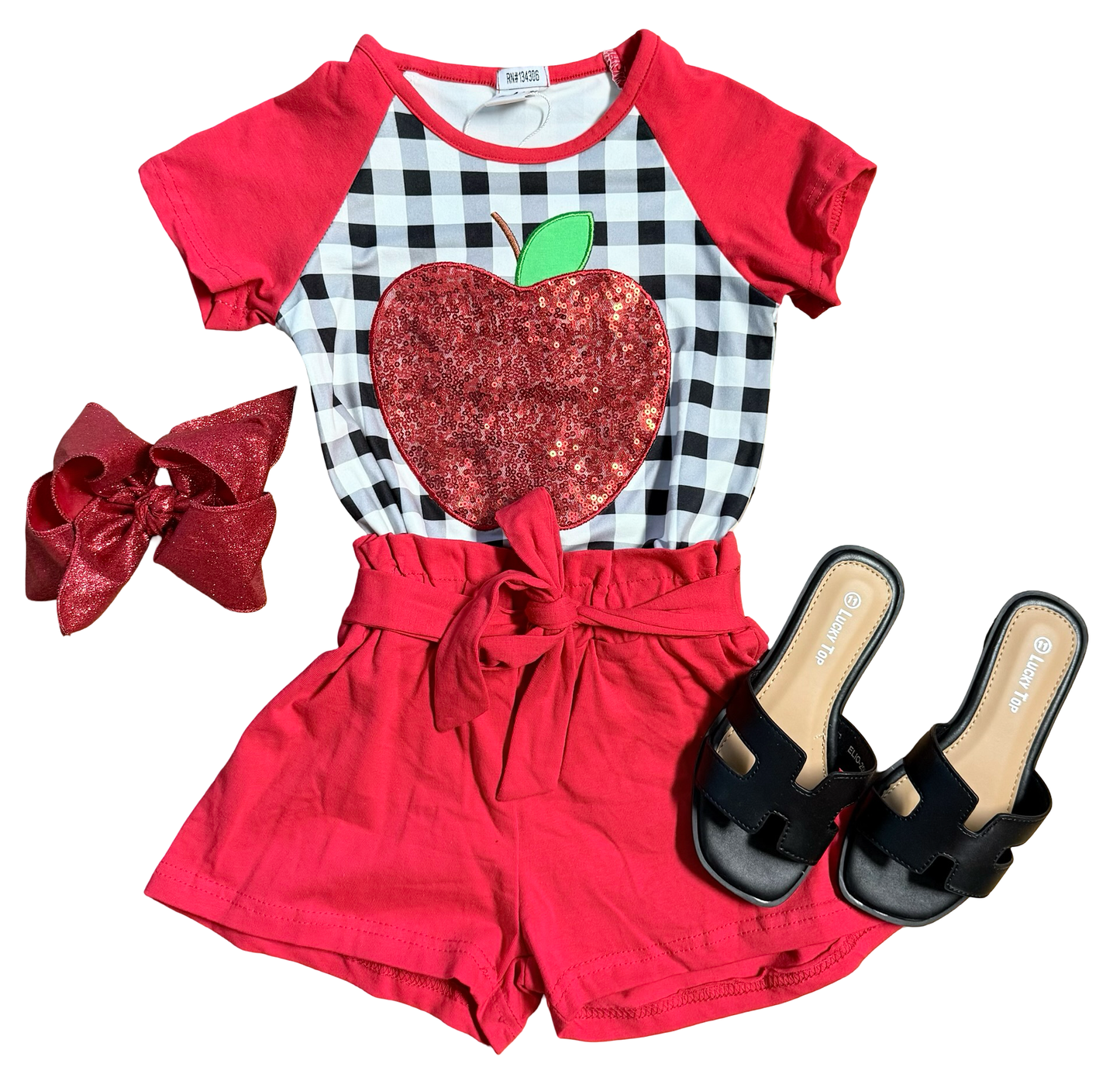 Red, White, and Black Plaid & Sequin Apple Short Set