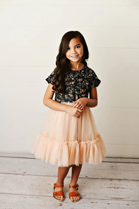 Girls Oopsie Daisy Black & Peach Floral Tulled Dress