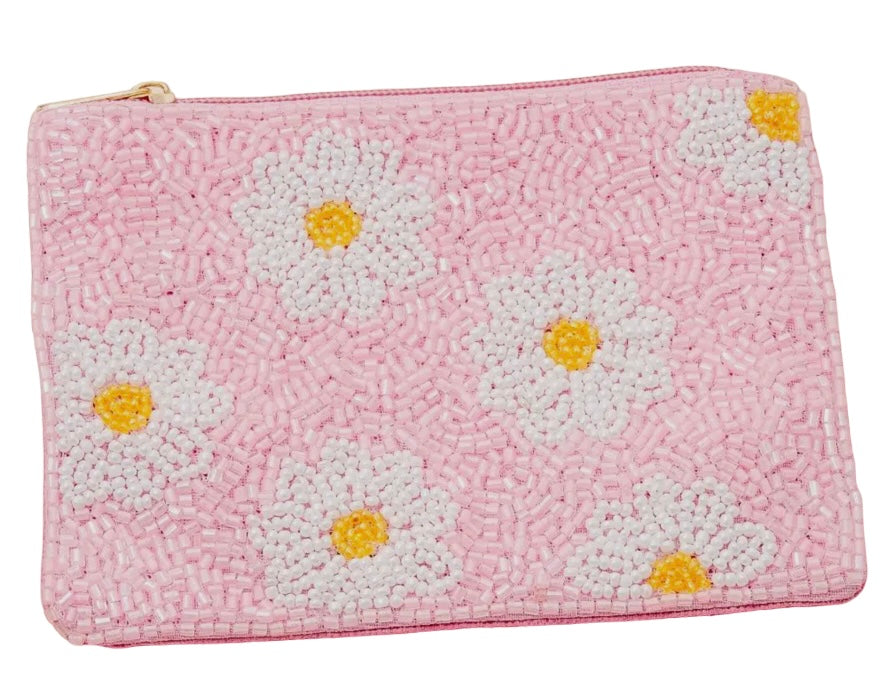 Daisy Flowers Pink Beaded Coin Purse
