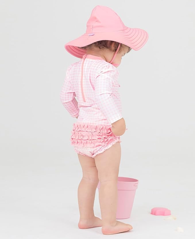 Ruffle Butts Pink Gingham LS One Piece Rash Guard