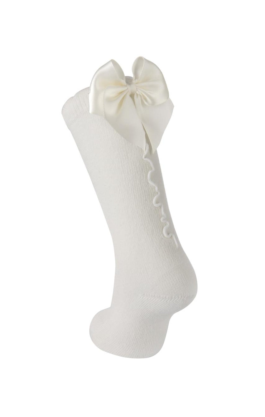 Carlomagno White Ruffle Knee High Socks with Bows