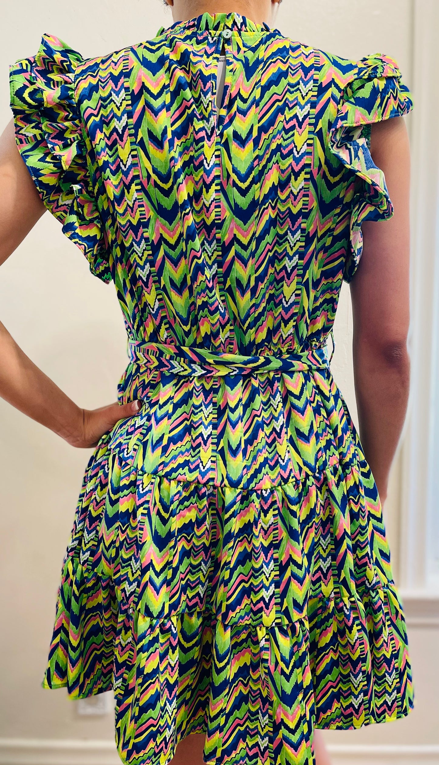 Green mix Print Belted Waist Tiered Dress