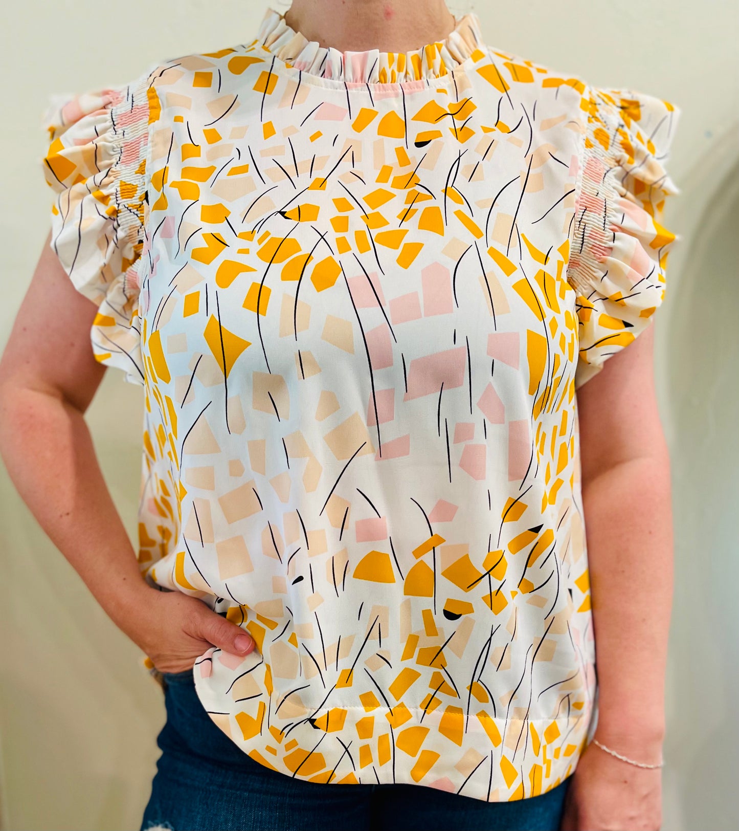 Print Smocked Ruffled Shoulder Top