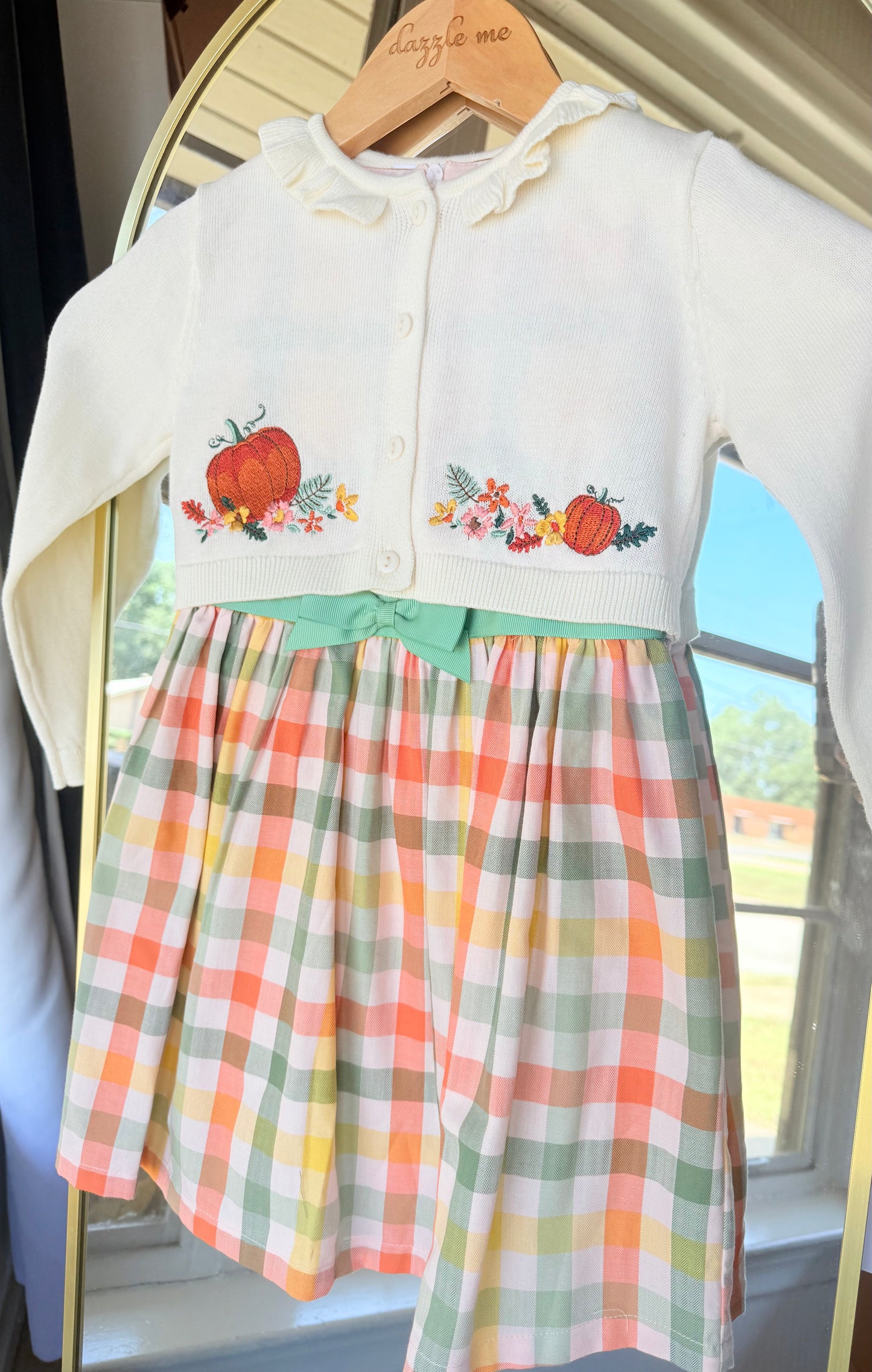 Bonnie Jean Harvest Plaid Pumpkin Dress & Cardigan Set