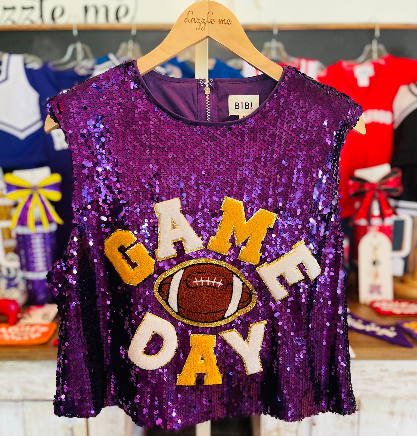 Purple Sequin Patched Game Day Top