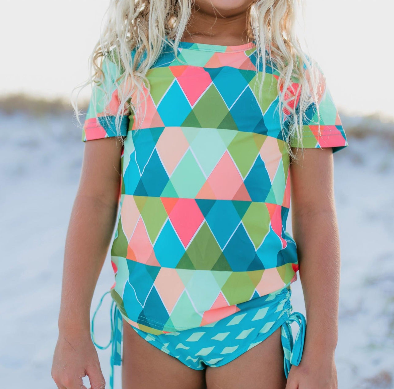 Oopsie Daisy Teal Peach Diamond Rash Guard