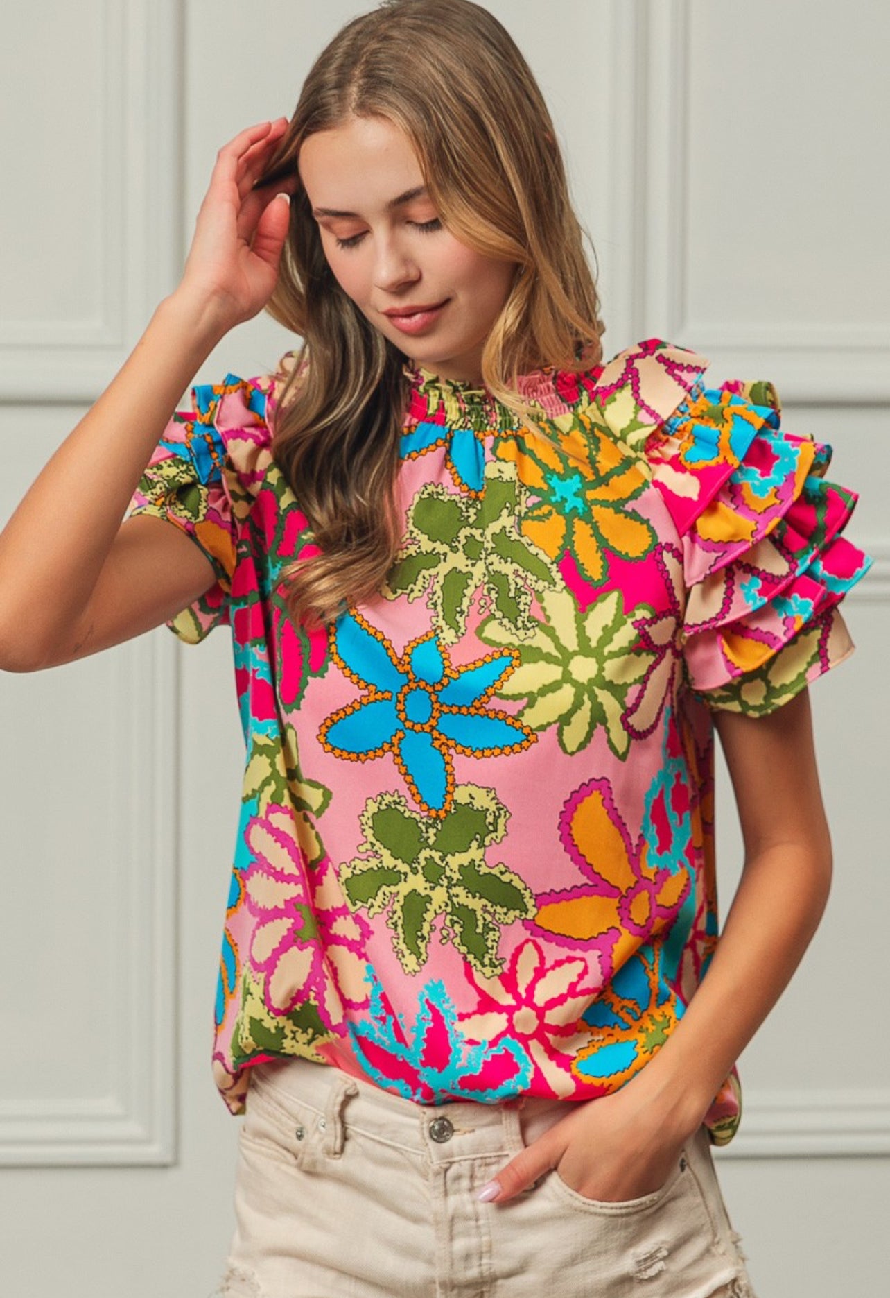 FLORAL PATTERN LAYER RUFFLE TOP
