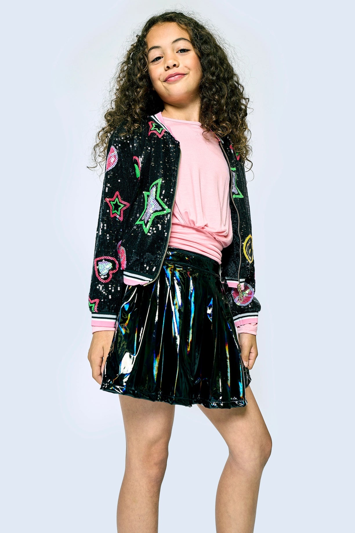strapless open back dress Hannah Montana Sequined Emoji Jacket with Fur Lining – Dazzle Me Pink and  Blue