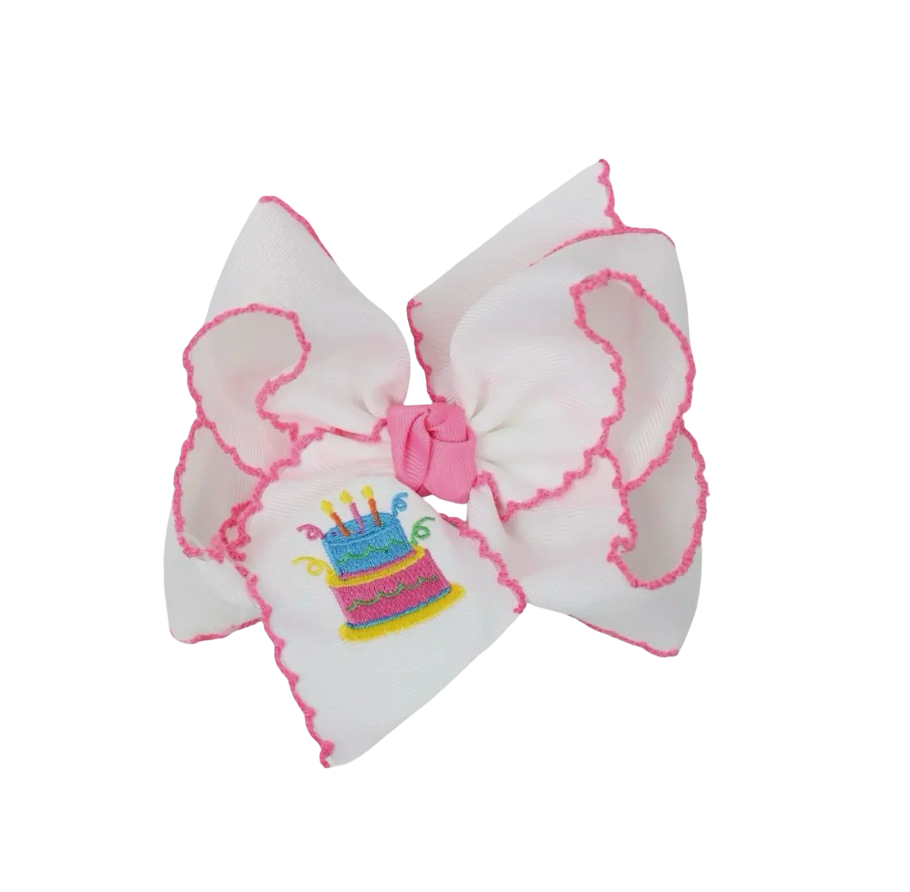 Beyond Creations Pink Embroidered Birthday Cake Alligator Clip Bow