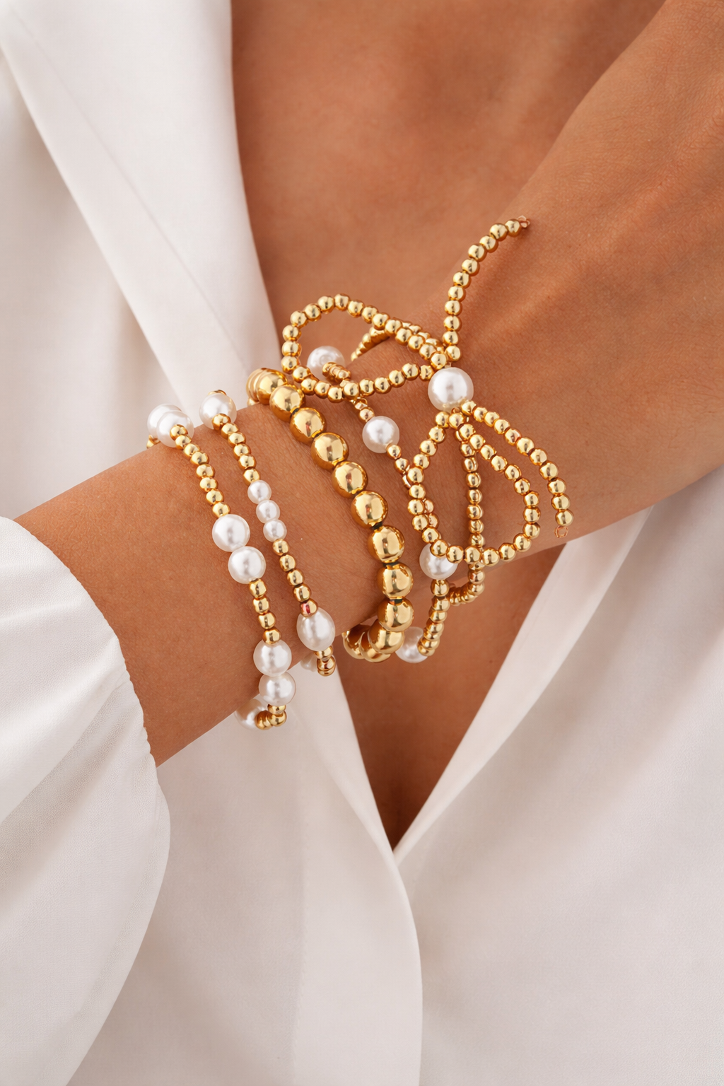 Josslyn Multi Layered Beaded Pearl Bow Bracelet Set