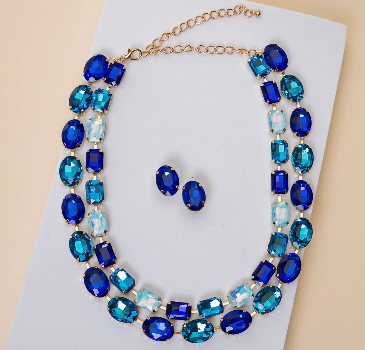 Oval and Emerald Cut Crystal Royal Blue Necklace Set