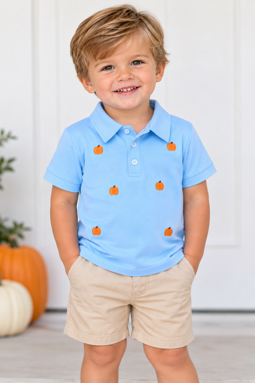 Boys Little Pumpkin Embroidered Collared Polo Shirt