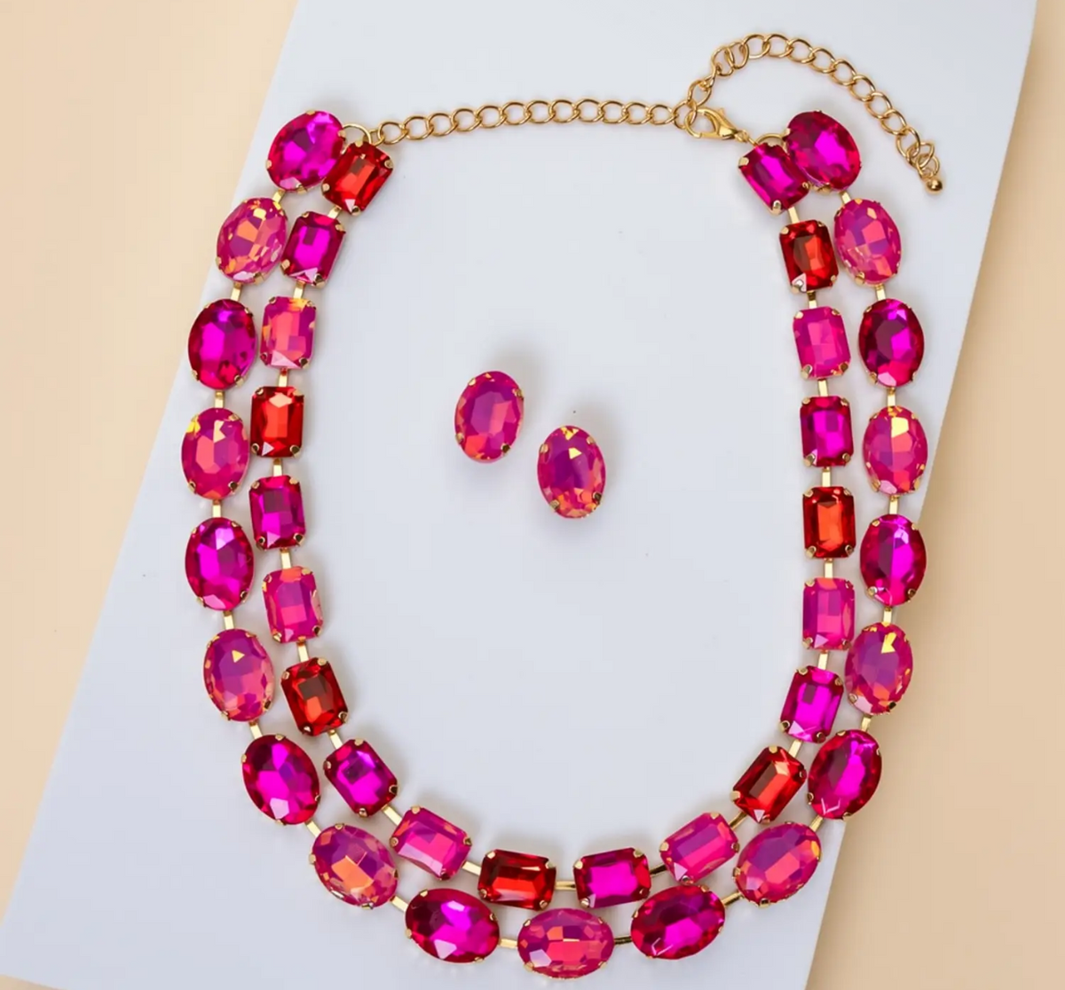 Oval and Emerald Cut Crystal Fuchsia Necklace Set