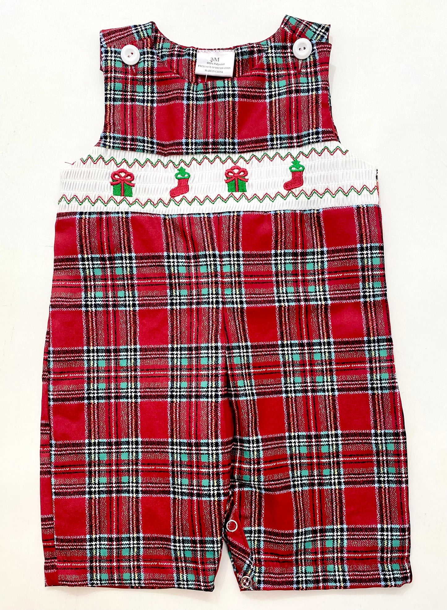 'Stockings & Gifts' Smocked Plaid Romper