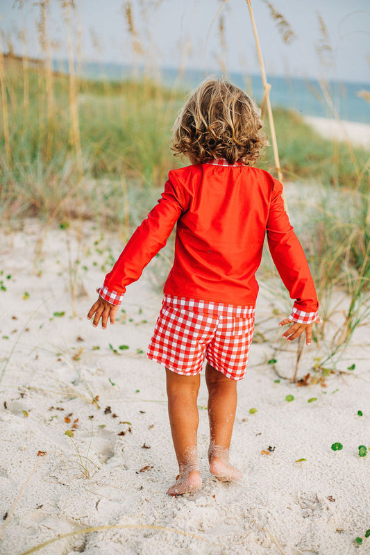 Sugar Bee Red Gingham Swim Trunks