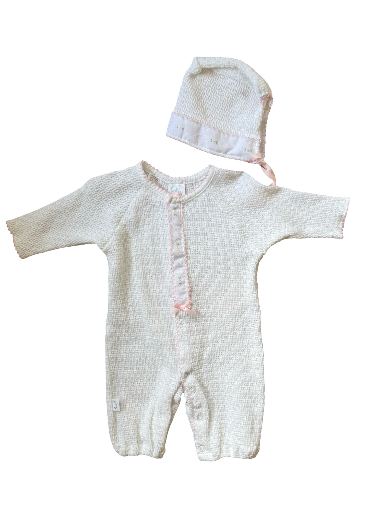 Baby May Registry Paty Knitted Romper & Bonnet Set With Flower Petal