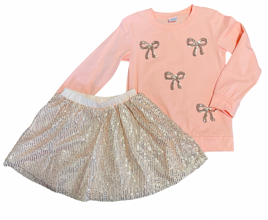 Girls Sequin Bow Top & Skirt Set