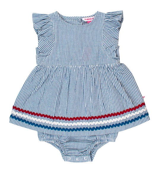 Ruffle Butts Patriotic Blue Seersucker Skirted Romper