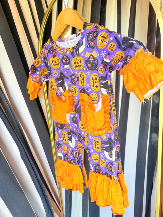 Halloween Pumpkin & Cat Ruffle Romper With Pockets