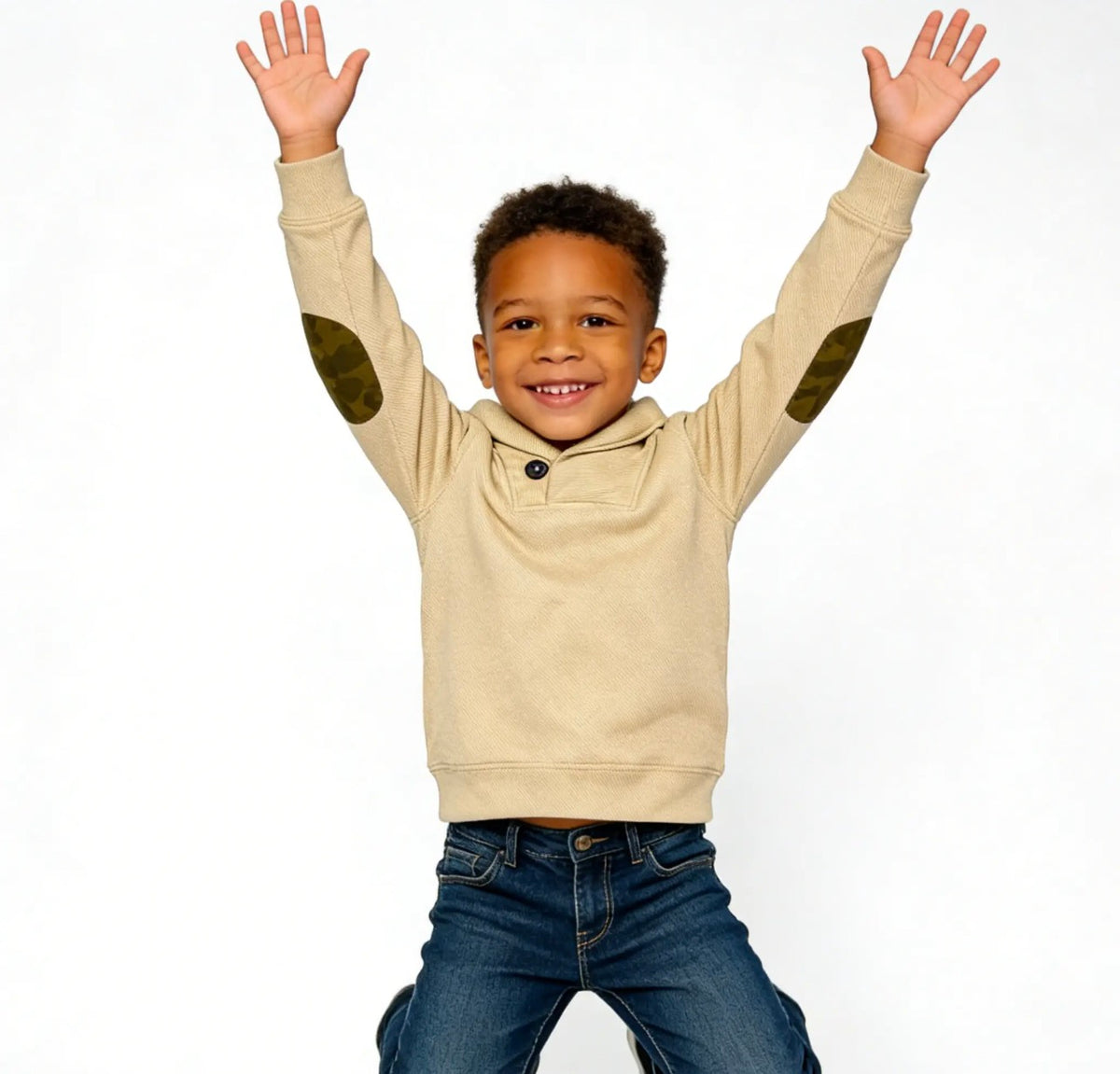 Boys Tan Camo Elbow Patch Shawl Collar Sweater
