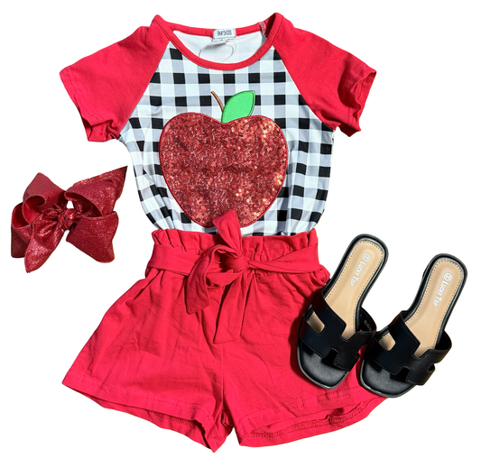 Red, White, and Black Plaid & Sequin Apple Short Set