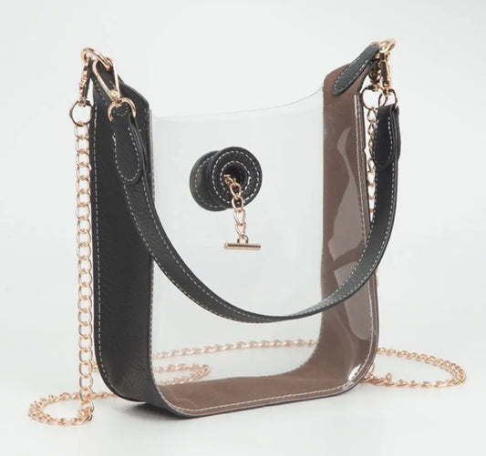 Transparent Faux Leather Chain Should Mini Crossbody Bag- Clear & Black