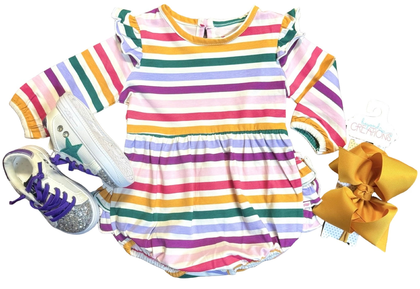 RuffleButts Rainbow Striped Twirl Romper & Dress