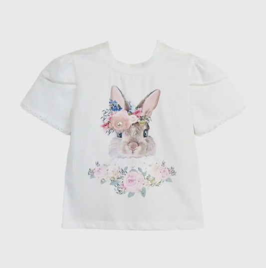 Doe a Dear Puff Sleeve Bunny White Tee