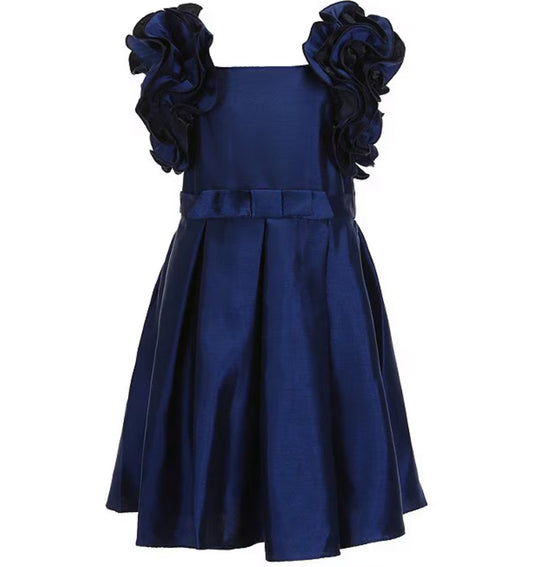 Bonnie Jean Navy Ruffle Shoulder Party Dress