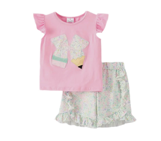 Back To School Pencil Bow Short Set