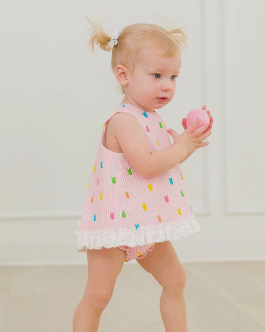 RuffleButts Baby Girls Easter Pink Bunny Stripe Swing Top & Bloomer Set