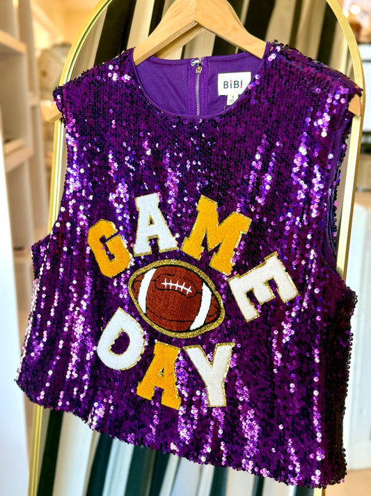 Purple Sequin Patched Game Day Top