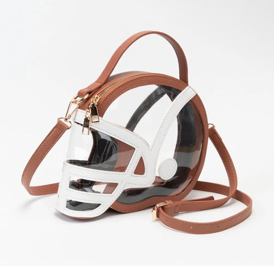 Transparent GameDay Football Helmet Shaped Crossbody Handbag-Tan & White