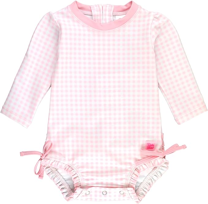 Ruffle Butts Pink Gingham LS One Piece Rash Guard