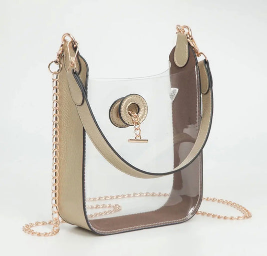 Transparent Faux Leather Chain Should Mini Crossbody Bag- Clear & Gold