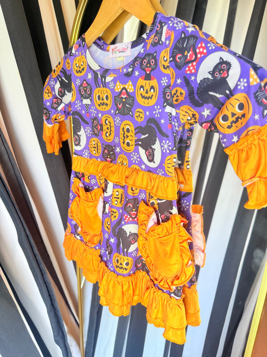 Halloween Pumpkin & Cat Ruffle Dress With Pockets