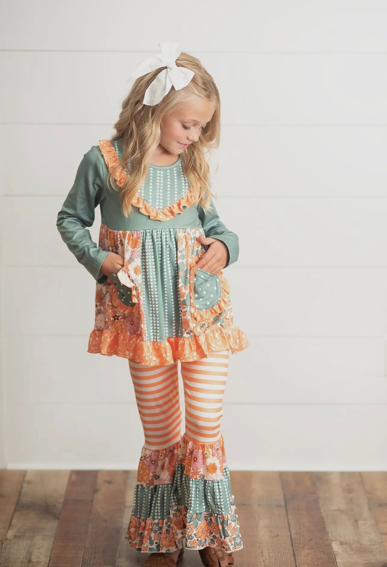 Sage & Orange Floral Ruffle Bell Bottom Set