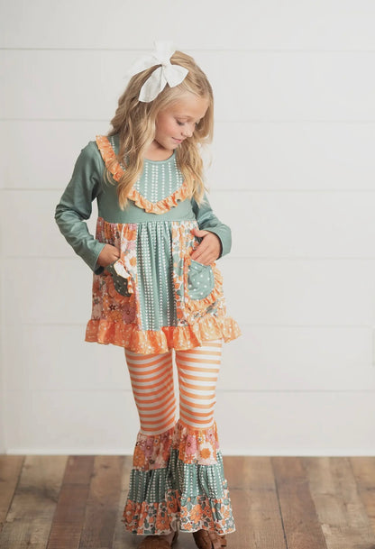 Sage & Orange Floral Ruffle Bell Bottom Set