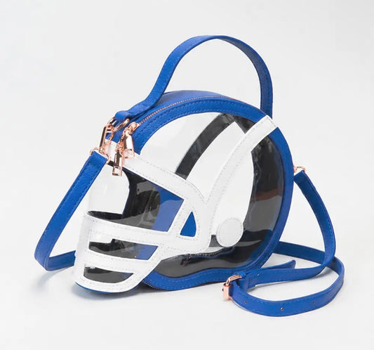 Transparent GameDay Football Helmet Shaped Crossbody Handbag-Royal Blue & White