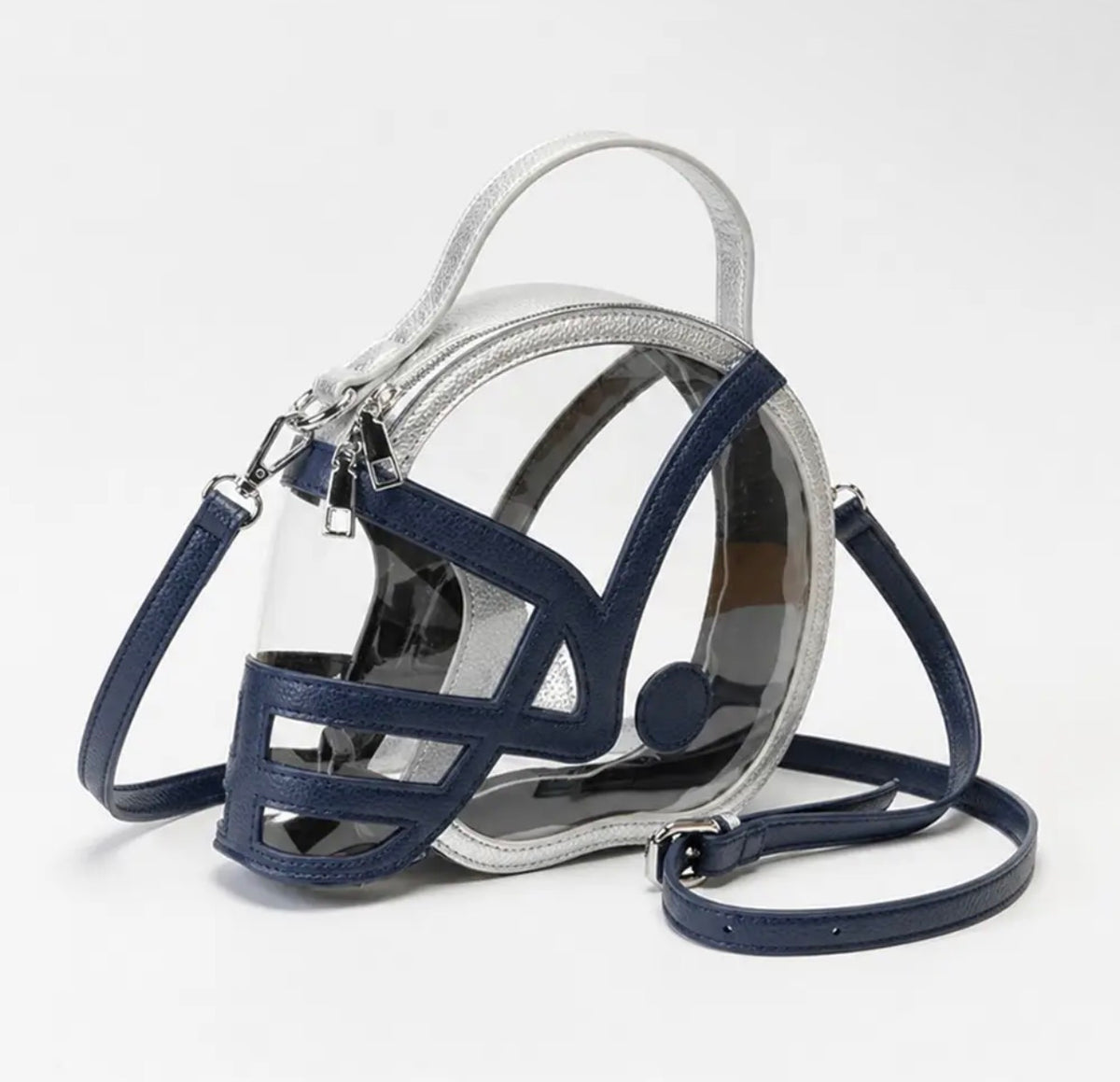 Transparent GameDay Football Helmet Shaped Crossbody Handbag-Silver & Navy