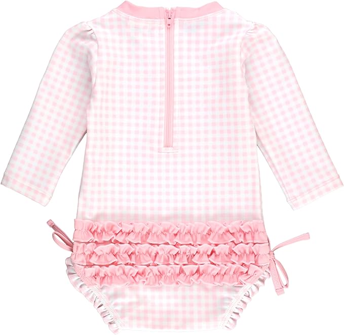Ruffle Butts Pink Gingham LS One Piece Rash Guard