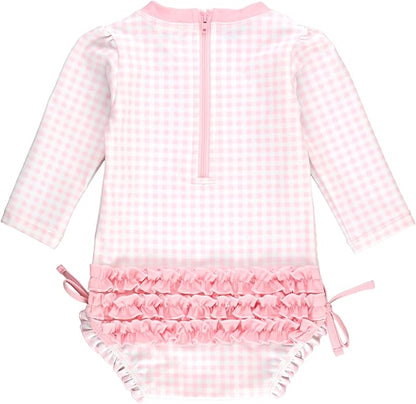 Ruffle Butts Pink Gingham LS One Piece Rash Guard