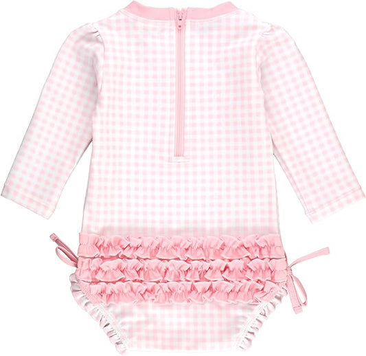 Ruffle Butts Pink Gingham LS One Piece Rash Guard
