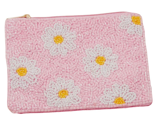 Daisy Flowers Pink Beaded Coin Purse