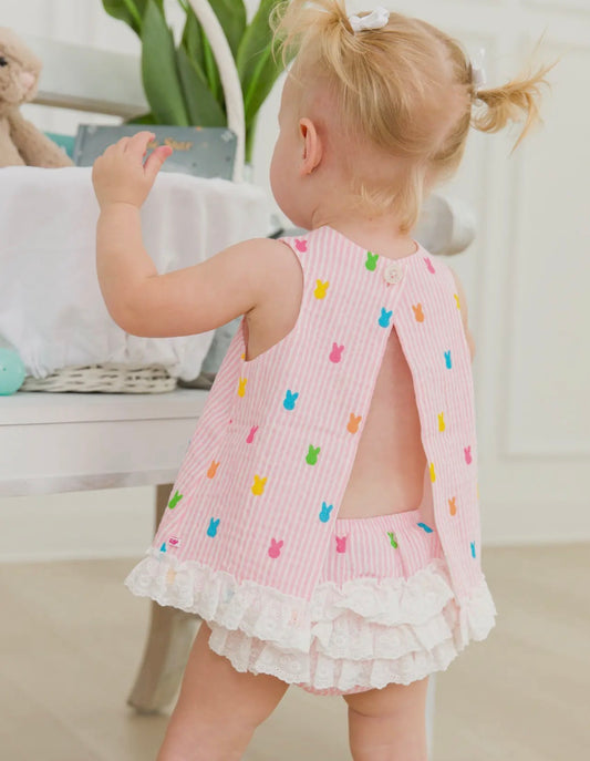 RuffleButts Baby Girls Easter Pink Bunny Stripe Swing Top & Bloomer Set